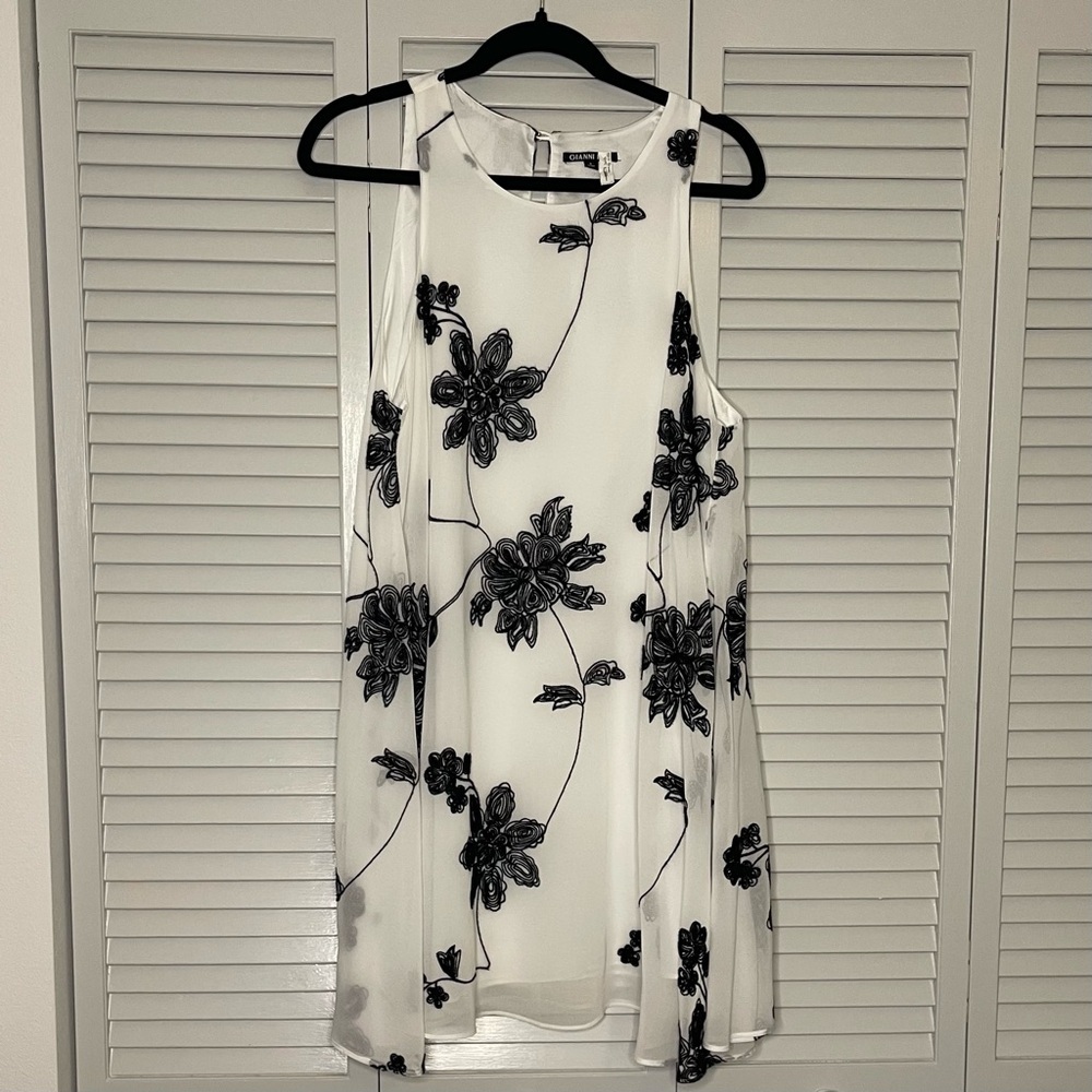 Gianni Bini White Mini Dress with Black Flower Embroidery